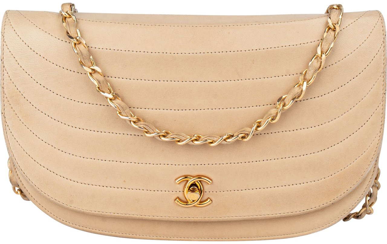 Chanel Chanel Stitching Lambskin 24K Gold Halfmoon Single Flap Shoulder Bag Beige