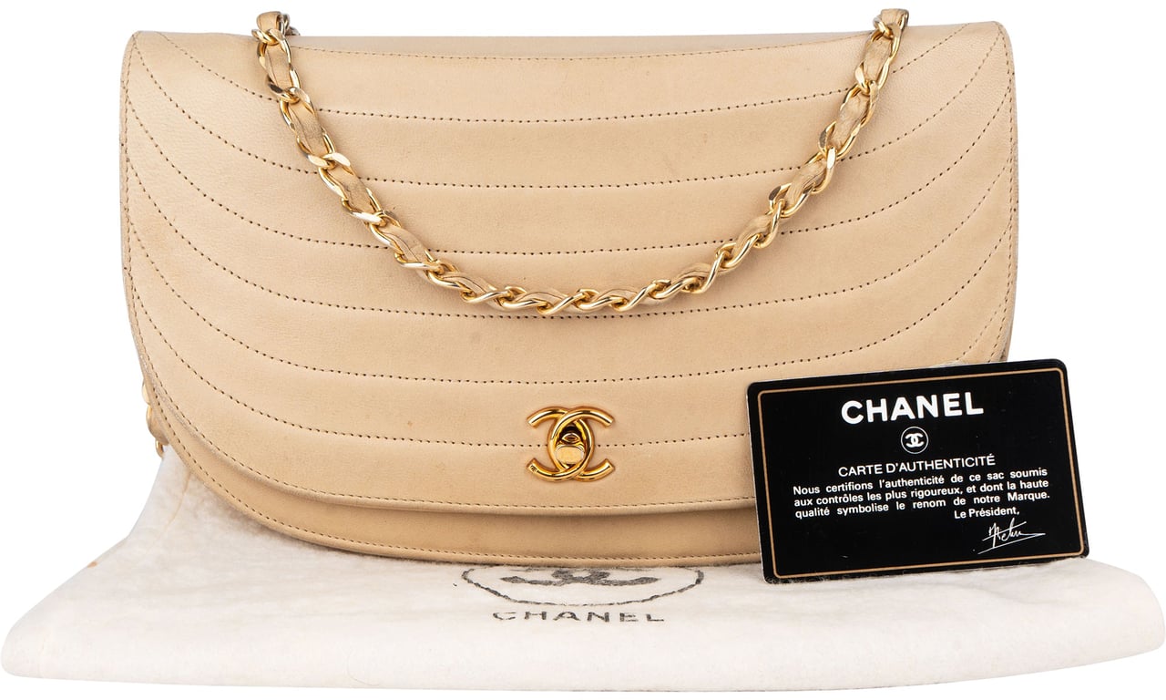 Chanel Chanel Quilted Lambskin 24K Gold Halfmoon Single Flap Shoulder Bag Beige