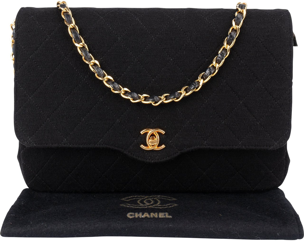 Chanel Chanel Quilted Cotton 24K Gold Single Flap Shoulder Bag Zwart