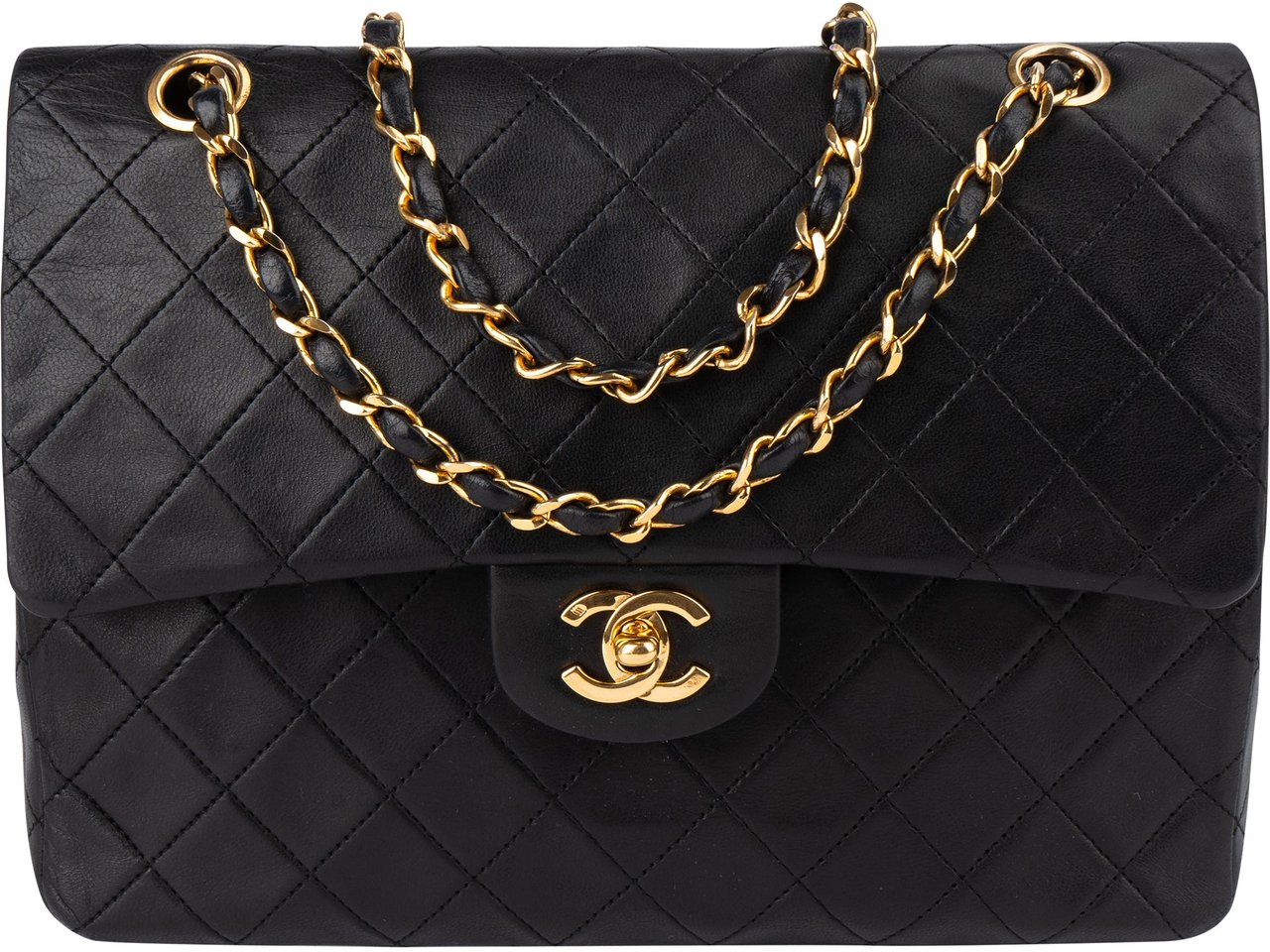 Chanel Chanel Quilted Lambskin 24K Gold Double Flap Crossbody Bag Zwart