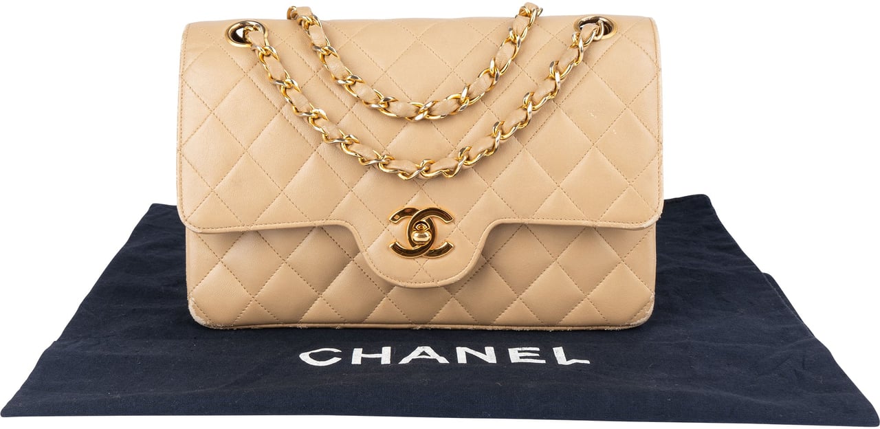 Chanel Chanel Quilted Lambskin 24K Gold Small Double Flap Crossbody Bag Beige