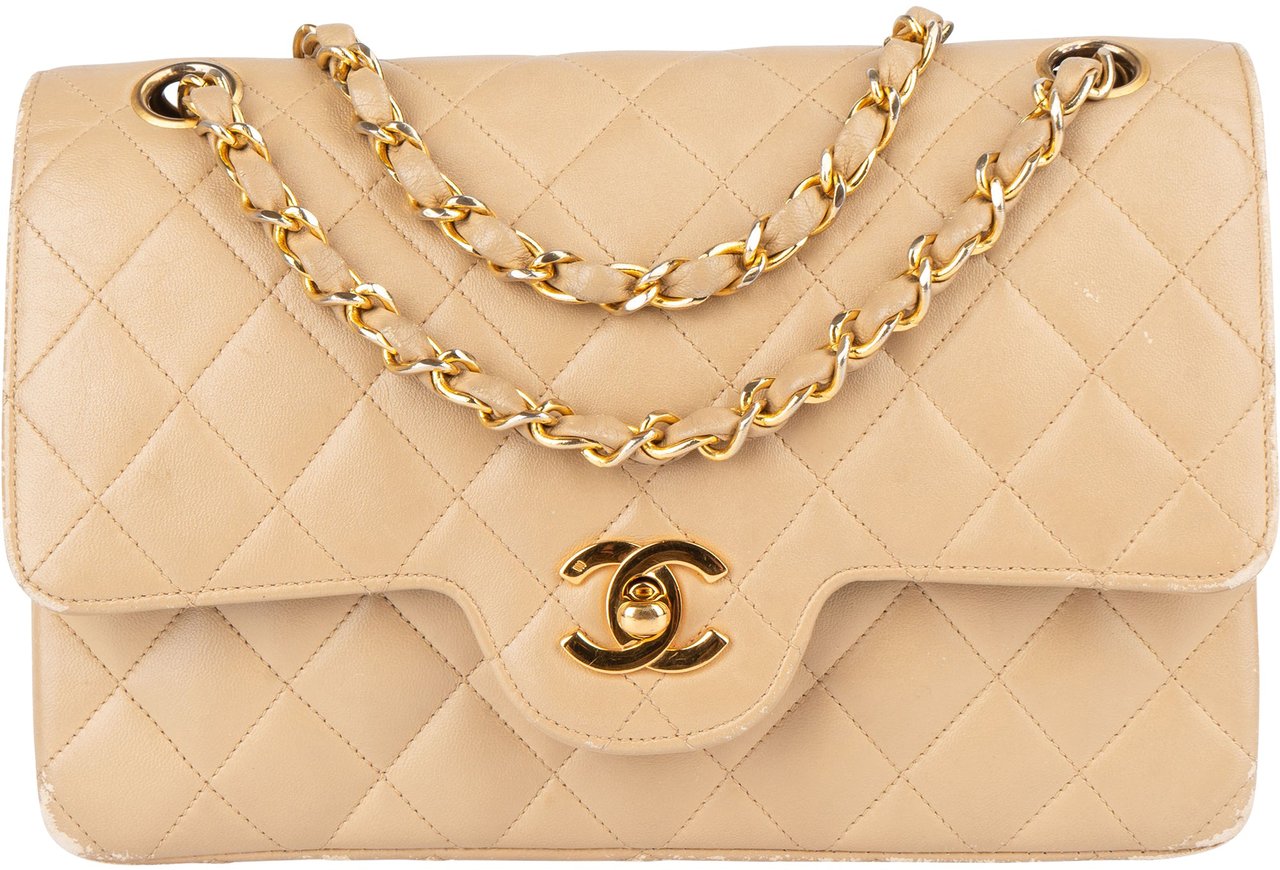 Chanel Chanel Quilted Lambskin 24K Gold Small Double Flap Crossbody Bag Beige