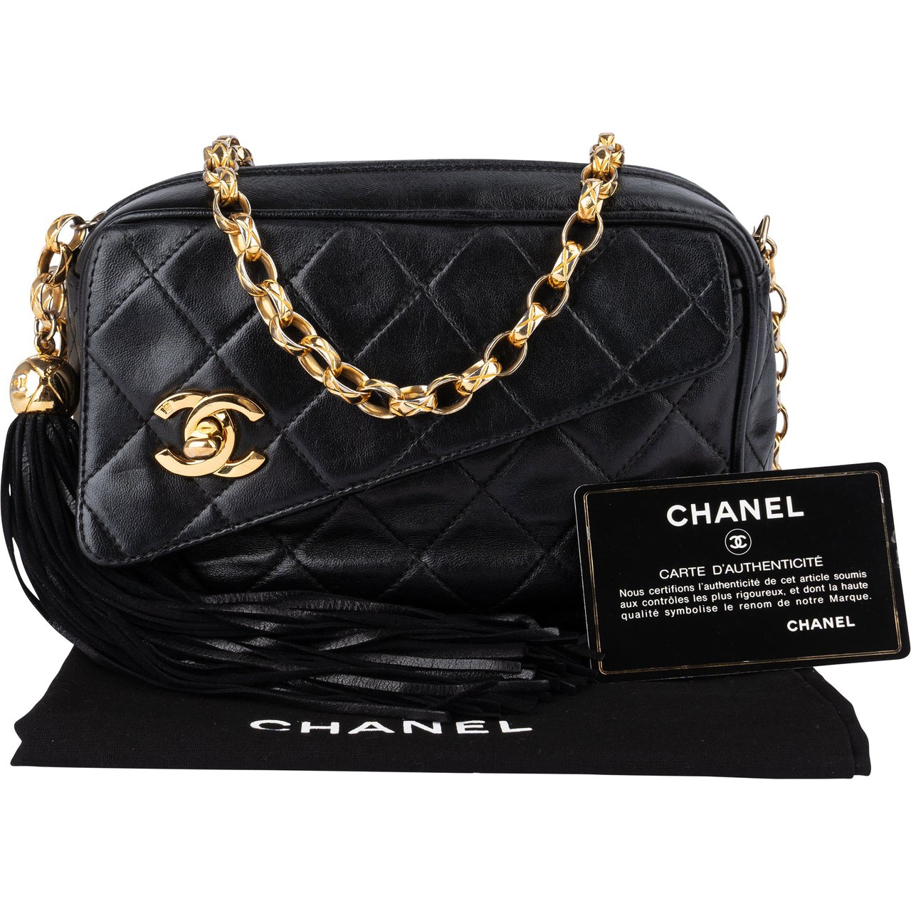 Chanel Chanel Quilted Lambskin 24K Gold Camera Crossbody Bag Zwart