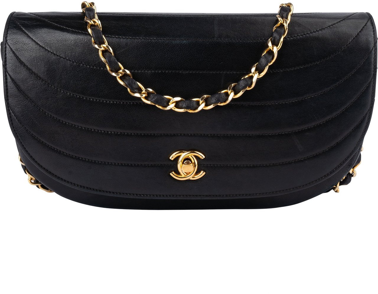 Chanel Chanel Stitching Lambskin 24K Gold Halfmoon Single Flap Shoulder Bag Zwart