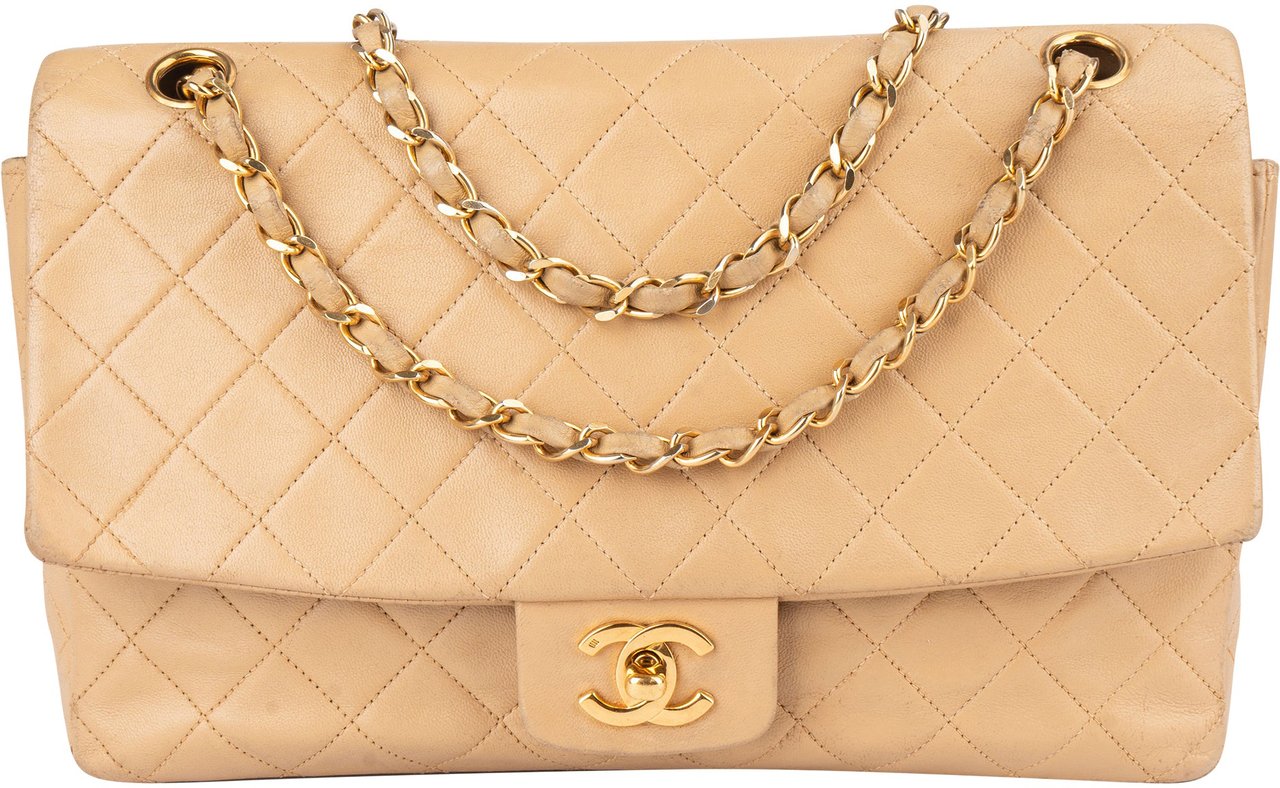 Chanel Chanel Quilted Lambskin 24K Gold Single Flap Crossbody Bag Beige