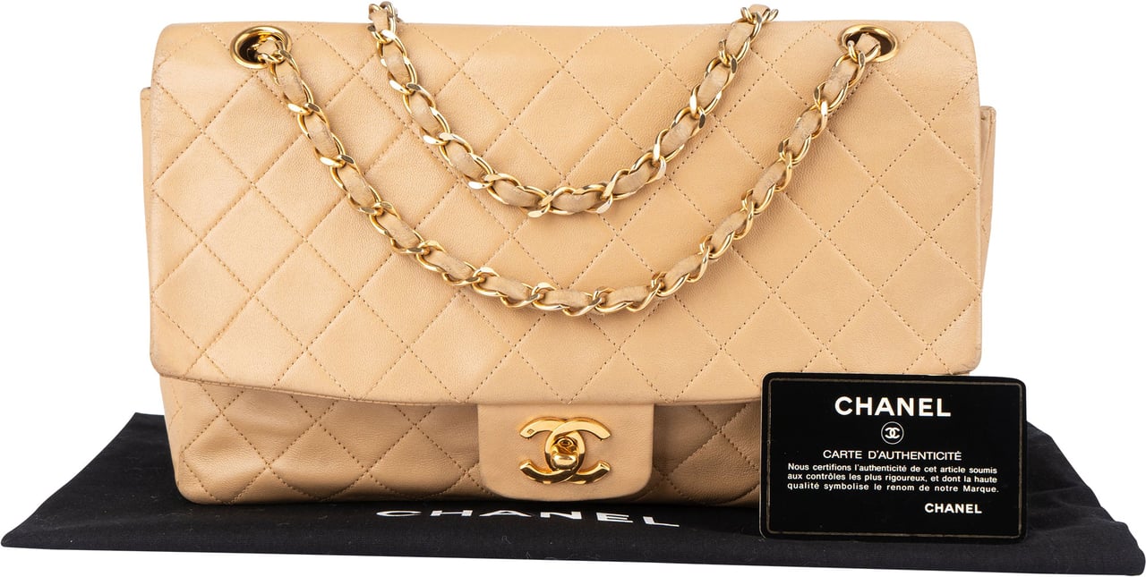 Chanel Chanel Quilted Lambskin 24K Gold Single Flap Crossbody Bag Beige