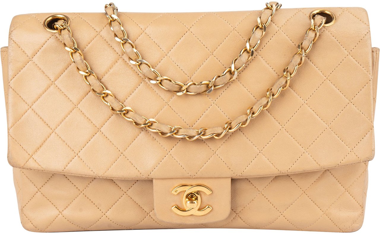 Chanel Chanel Quilted Lambskin 24K Gold Single Flap Crossbody Bag Beige