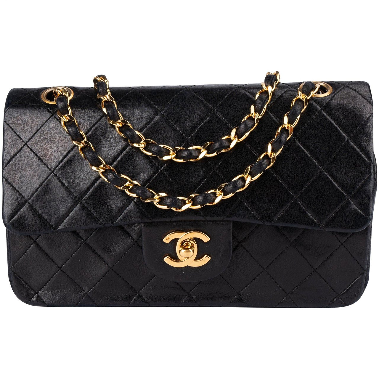 Chanel Chanel Quilted Lambskin 24K Gold Small Double Flap Crossbody Bag Zwart