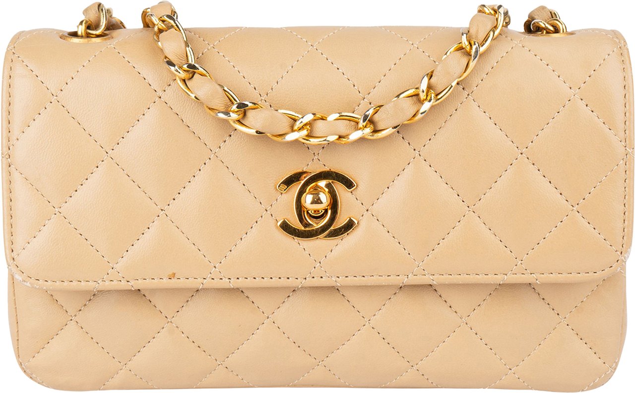 Chanel Chanel Quilted Lambskin 24K Gold Single Flap Crossbody Bag Beige