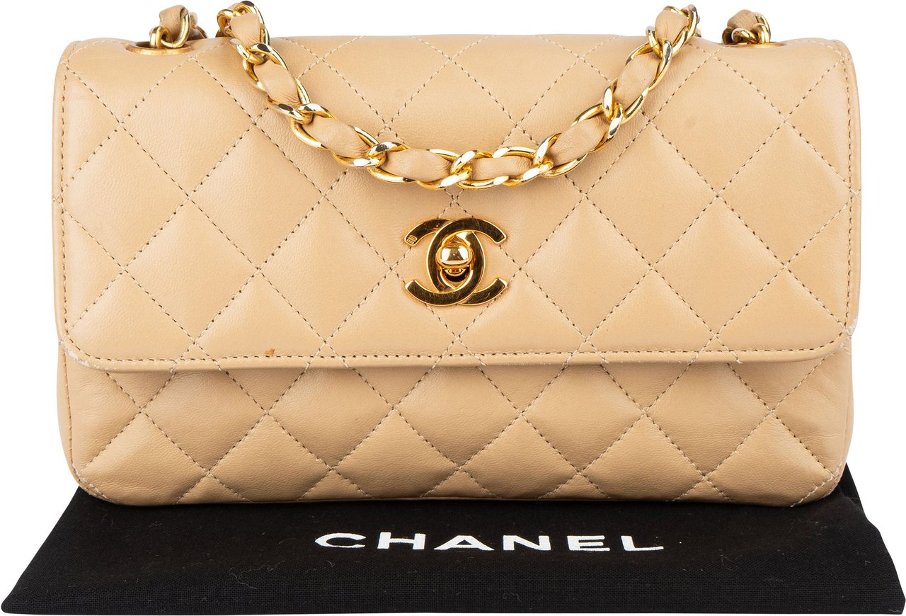 Chanel Chanel Quilted Lambskin 24K Gold Single Flap Crossbody Bag Beige