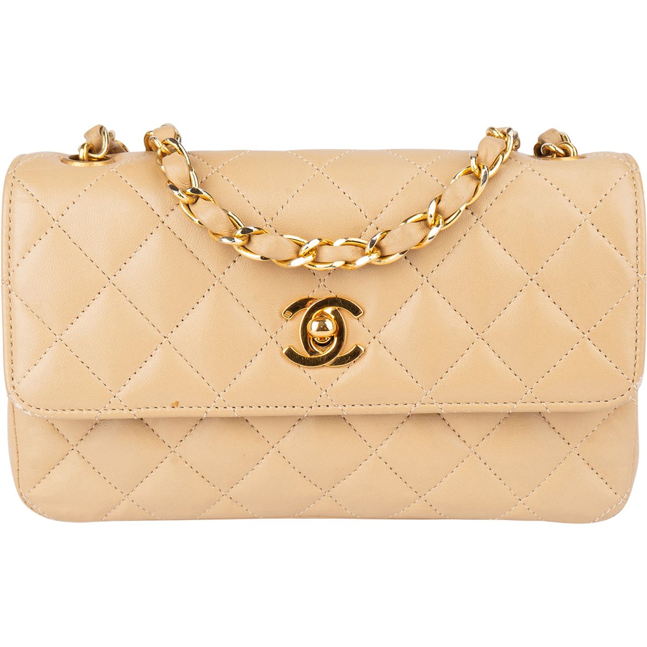 Chanel Chanel Quilted Lambskin 24K Gold Single Flap Crossbody Bag Beige