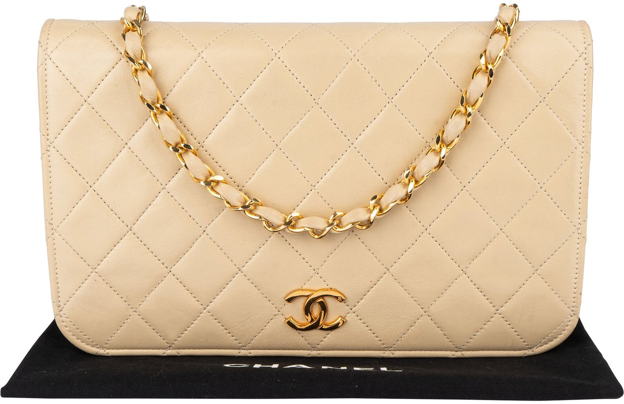 Chanel Chanel Quilted Lambskin 24K Gold Single Flap Shoulder Bag Beige
