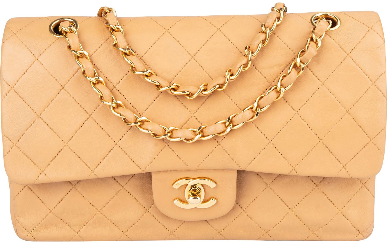 Chanel Chanel Quilted Lambskin 24K Gold Medium Double Flap Crossbody Bag Beige