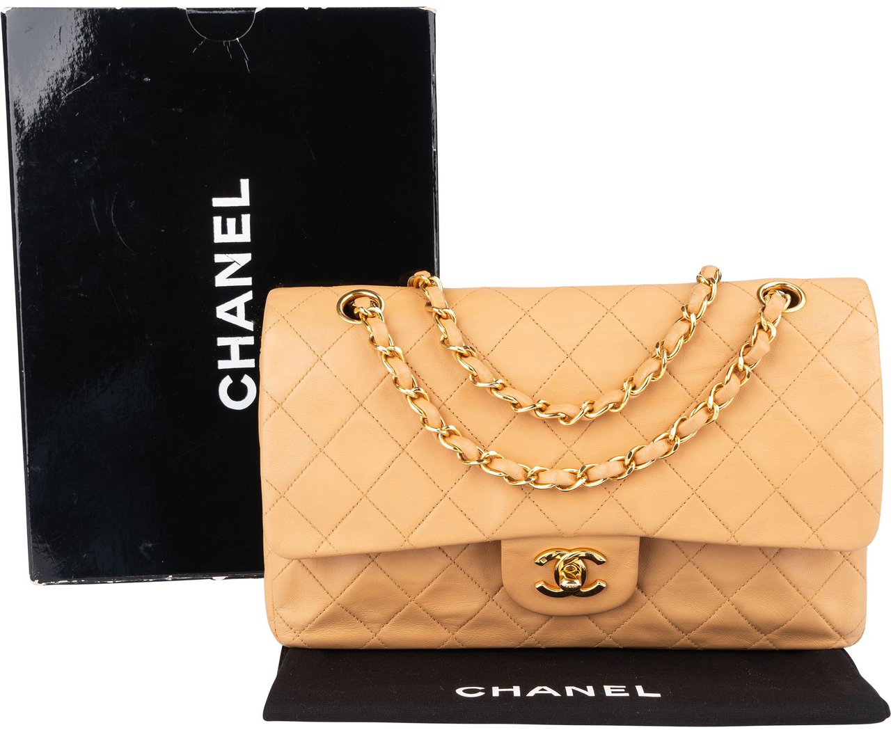 Chanel Chanel Quilted Lambskin 24K Gold Medium Double Flap Crossbody Bag Beige