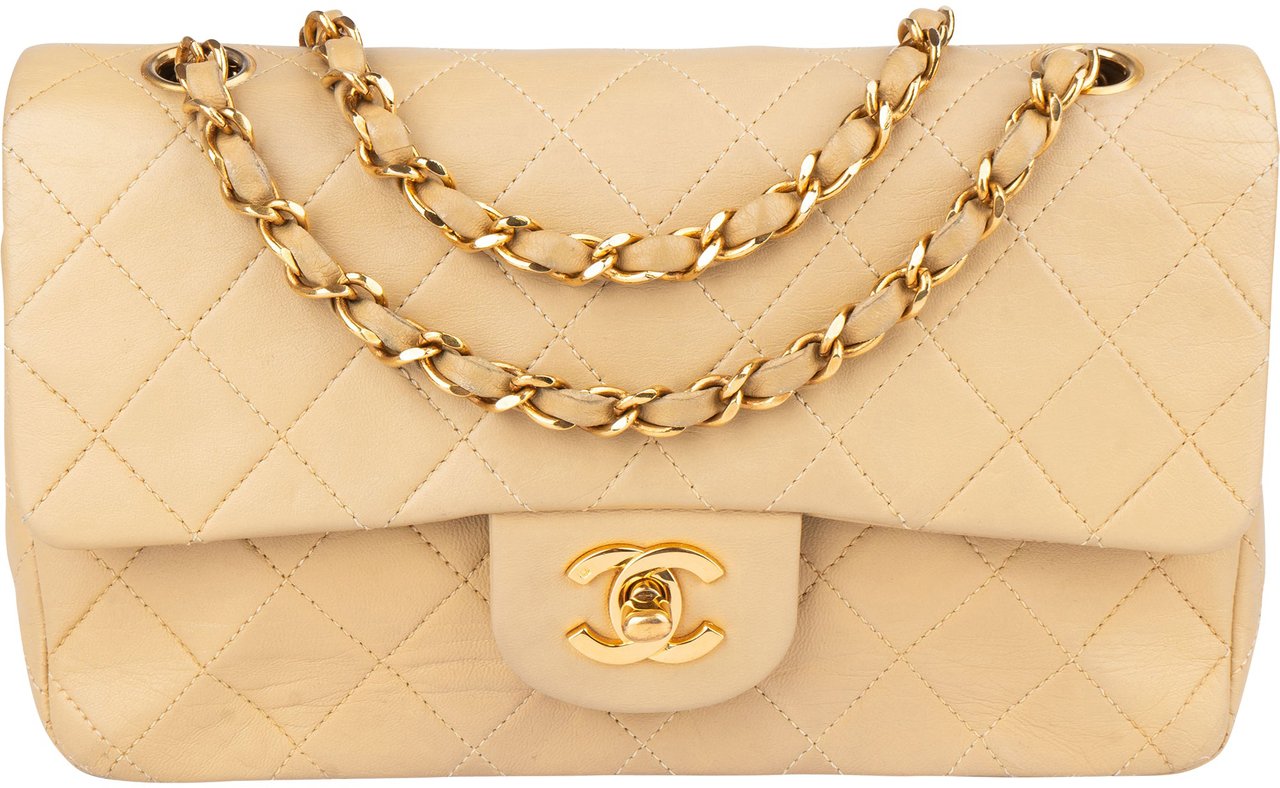 Chanel Chanel Quilted Lambskin 24K Gold Small Double Flap Crossbody Bag Beige
