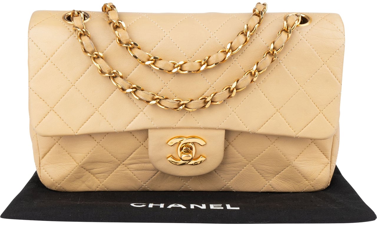 Chanel Chanel Quilted Lambskin 24K Gold Small Double Flap Crossbody Bag Beige