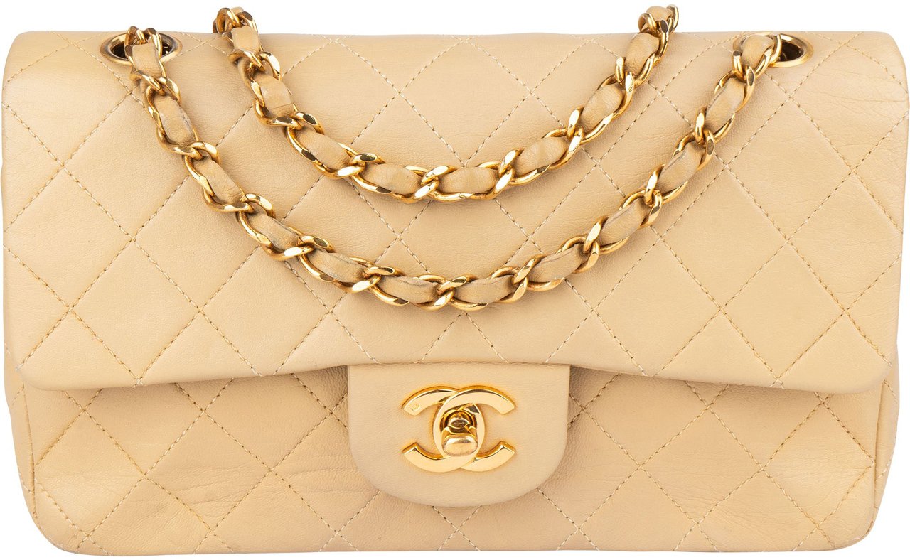 Chanel Chanel Quilted Lambskin 24K Gold Small Double Flap Crossbody Bag Beige