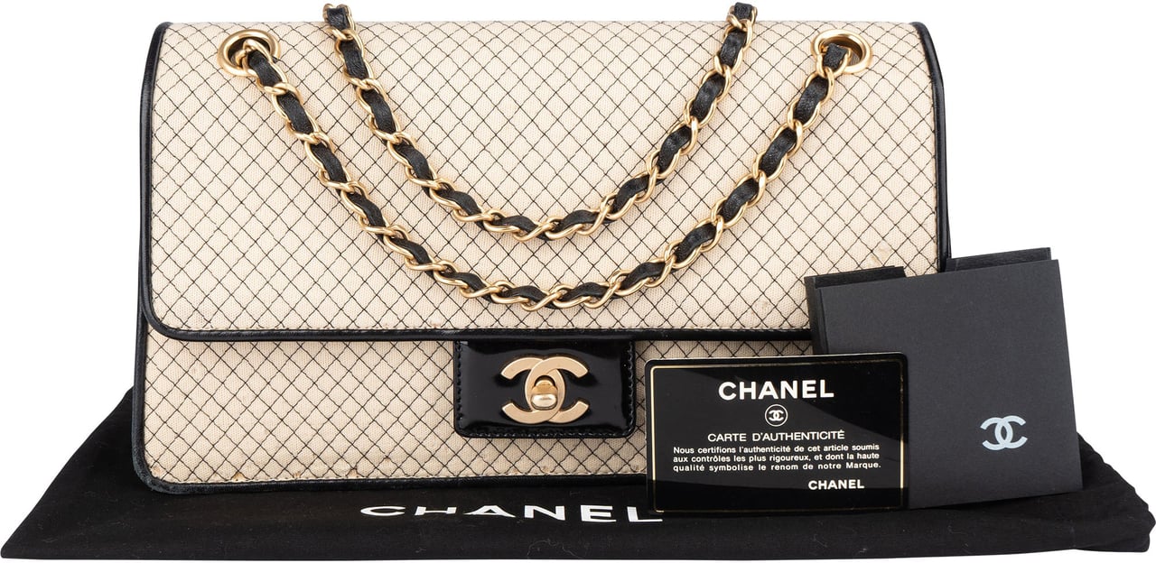Chanel Chanel Striped Cotton Single Flap Crossbody Bag Beige