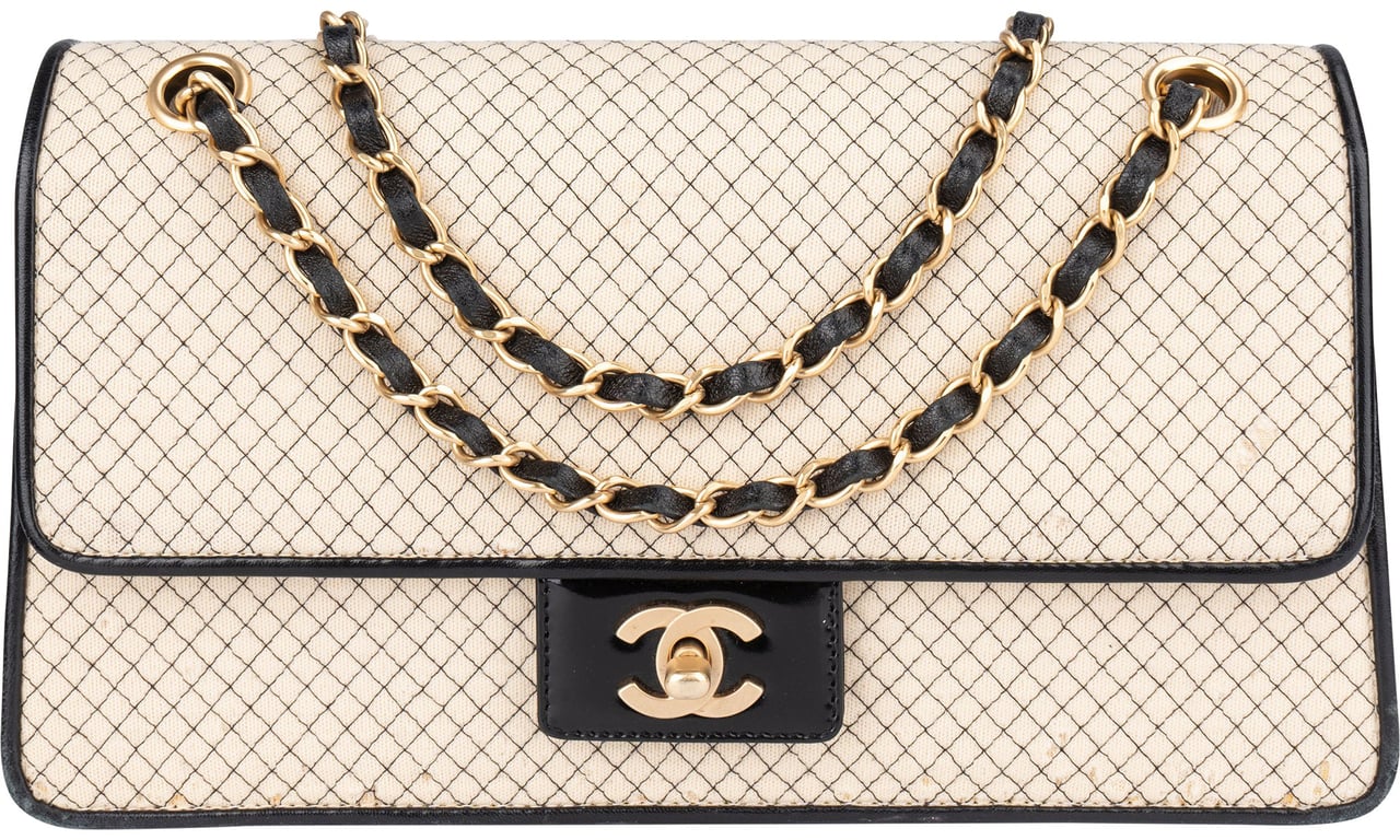 Chanel Chanel Striped Cotton Single Flap Crossbody Bag Beige