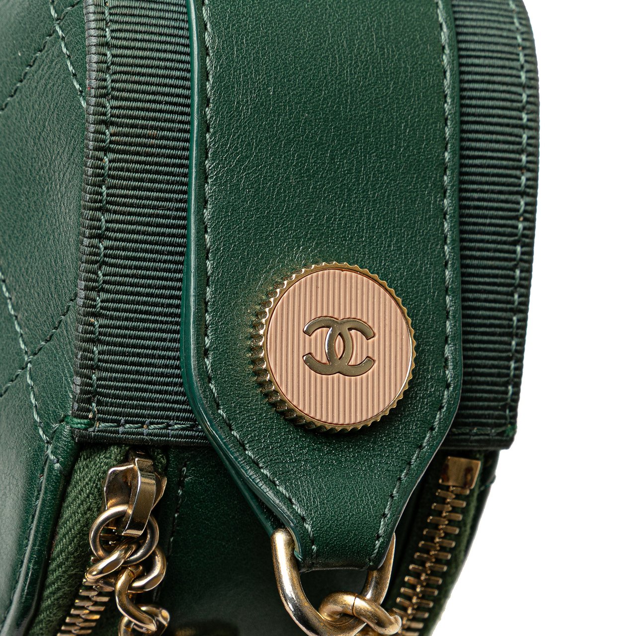 Chanel Stitched Calfskin and Grosgrain Button Up Double Zip Camera Bag Groen