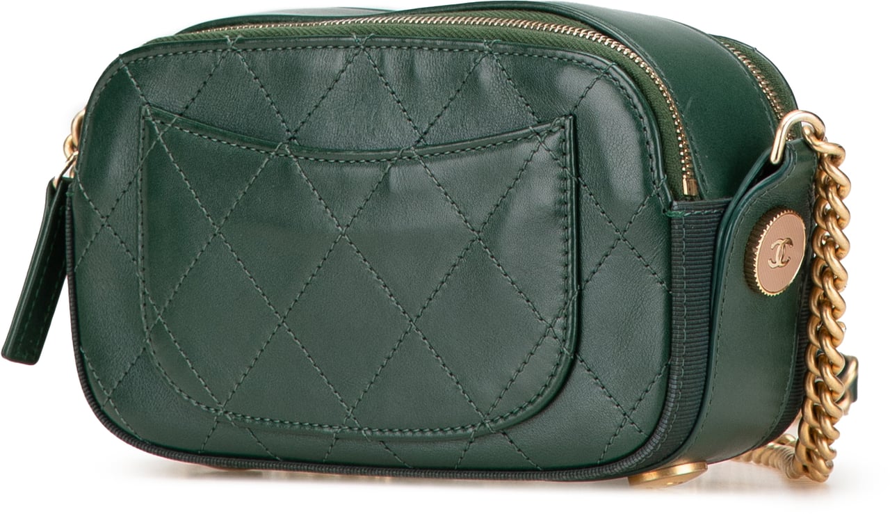 Chanel Stitched Calfskin and Grosgrain Button Up Double Zip Camera Bag Groen