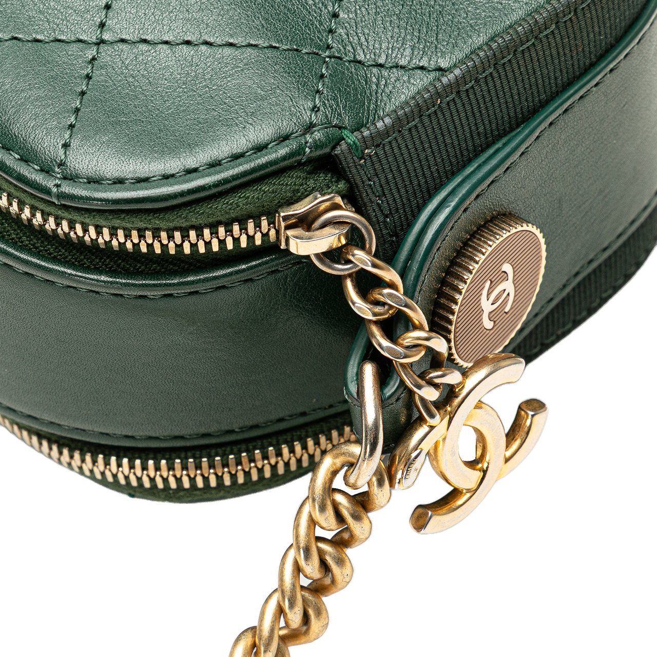 Chanel Stitched Calfskin and Grosgrain Button Up Double Zip Camera Bag Groen