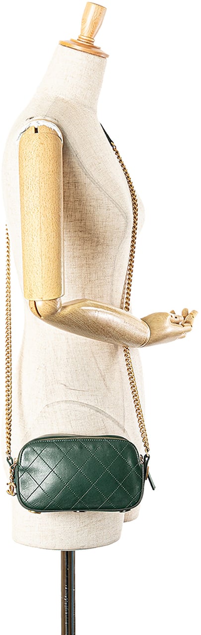 Chanel Stitched Calfskin and Grosgrain Button Up Double Zip Camera Bag Groen