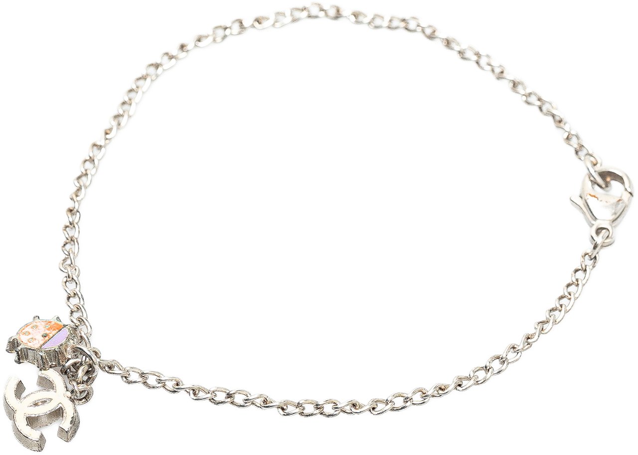 Chanel Silver Plated CC Ladybug Charm Bracelet Zilver