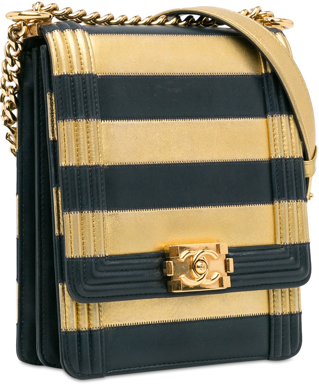 Chanel Metallic Lambskin Striped North South Boy Flap Goud