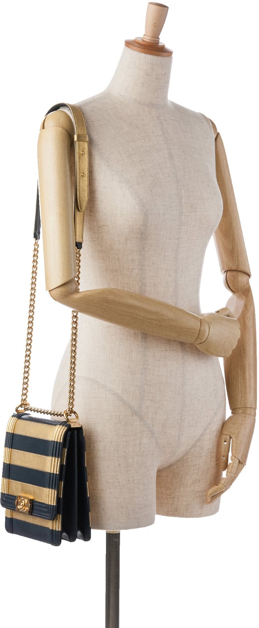 Chanel Paris New York Metallic Lambskin Striped North South Boy Flap Goud