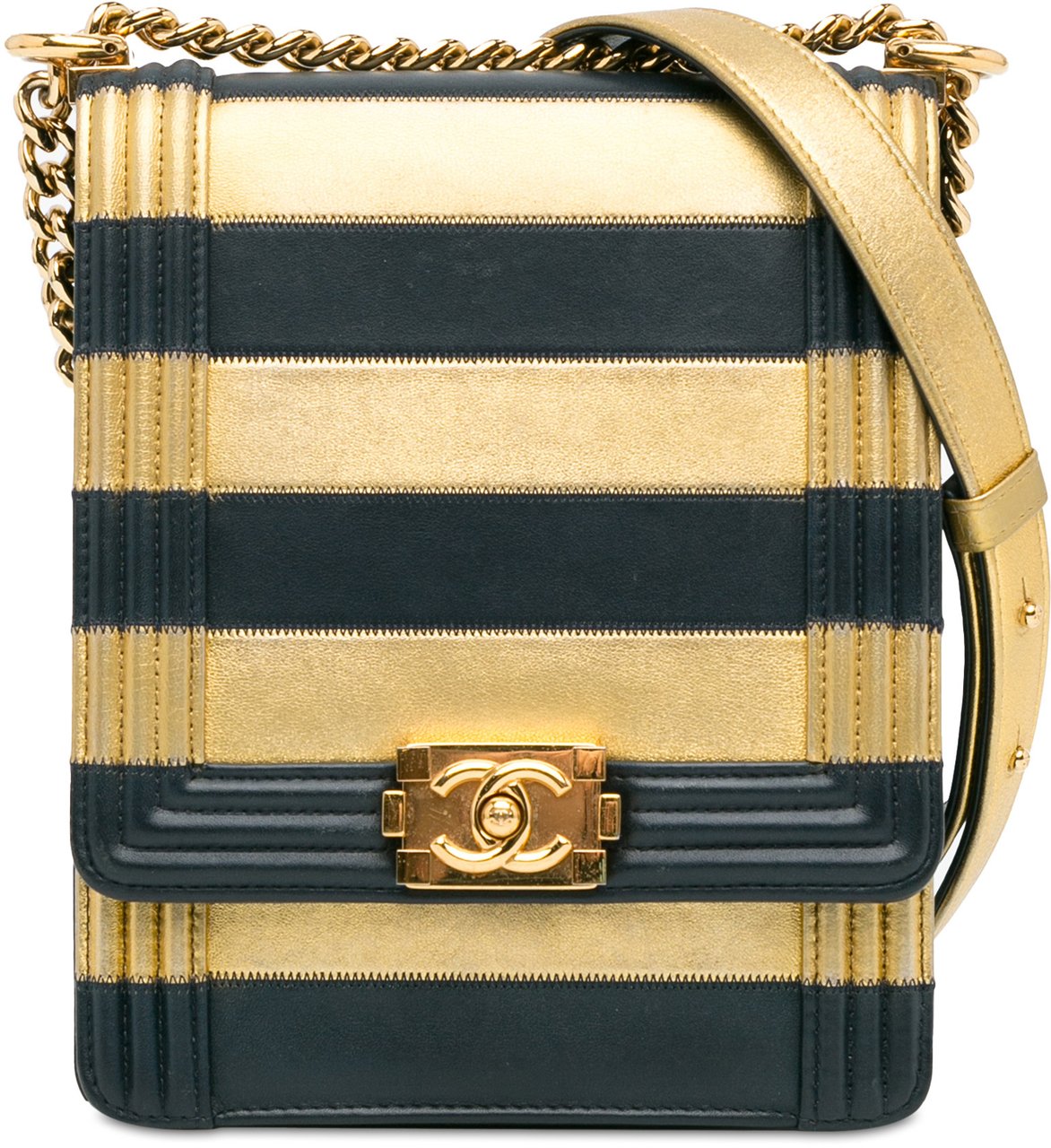Chanel Paris New York Metallic Lambskin Striped North South Boy Flap Goud