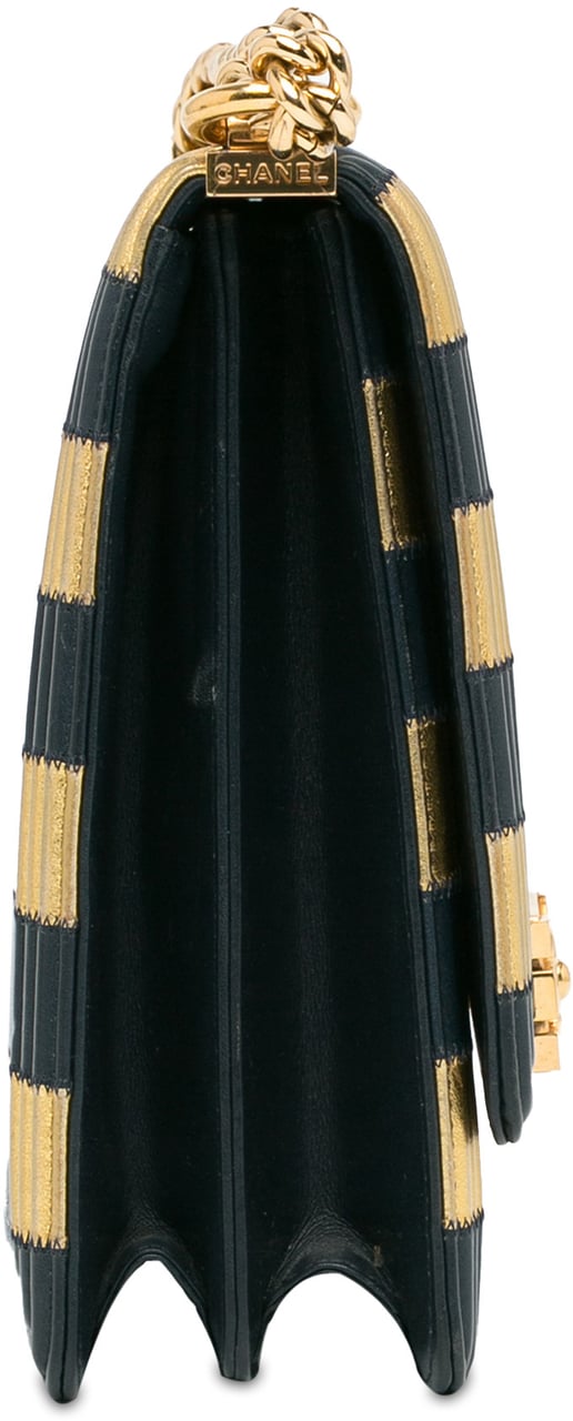 Chanel Paris New York Metallic Lambskin Striped North South Boy Flap Goud