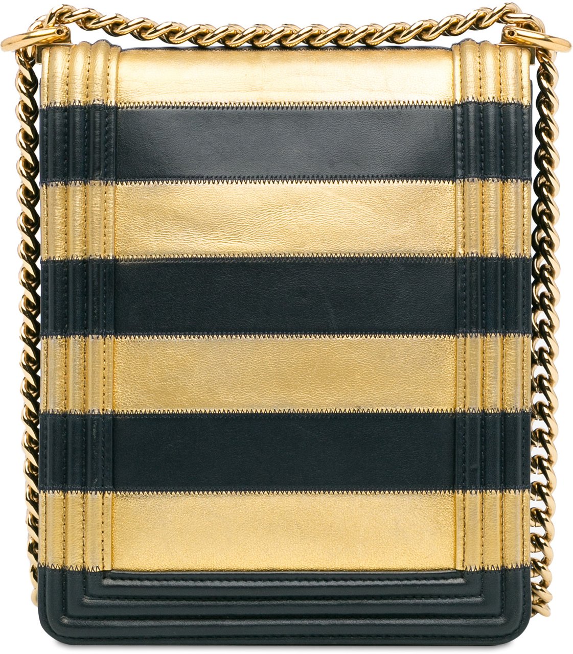 Chanel Paris New York Metallic Lambskin Striped North South Boy Flap Goud