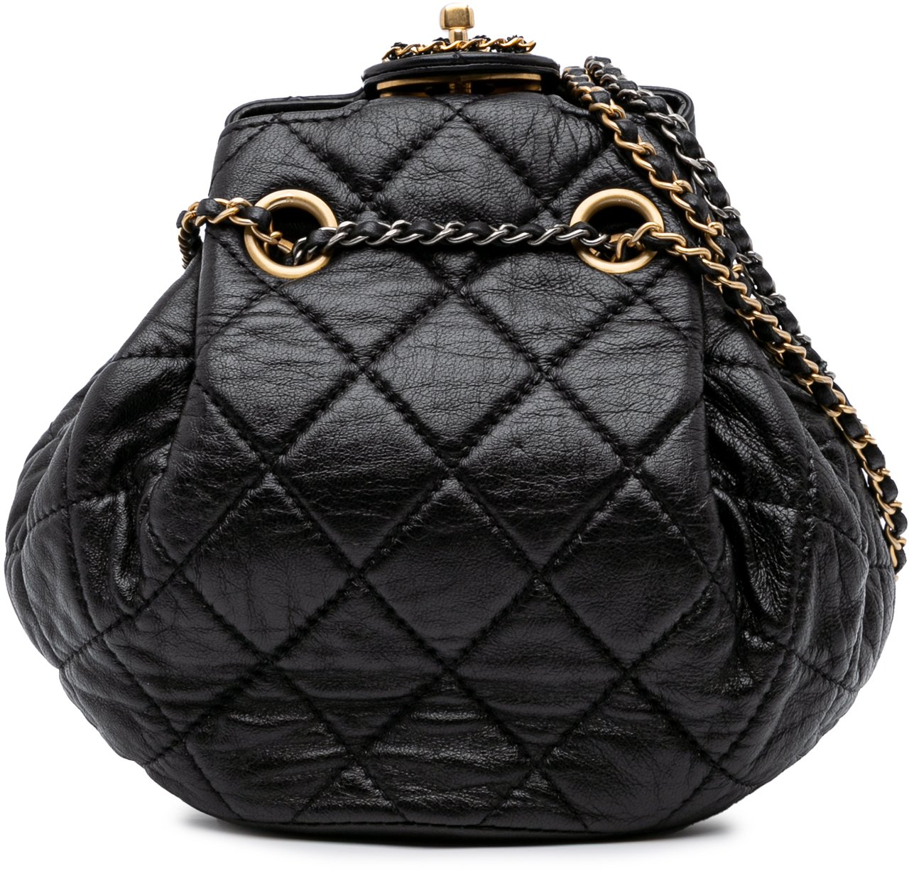 Chanel CC Quilted Lambskin Chain Drawstring Bucket Bag Zwart