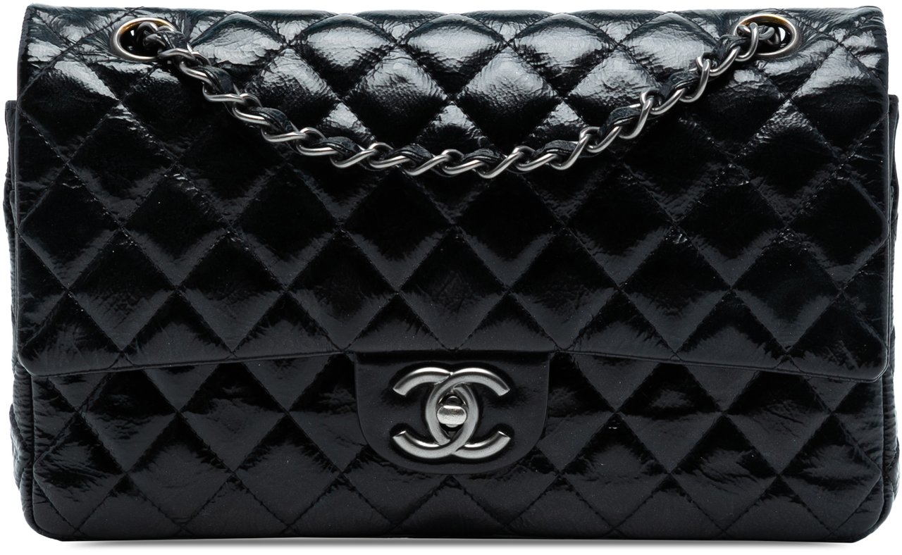 Chanel Medium Classic Crinkled Patent Double Flap Blauw