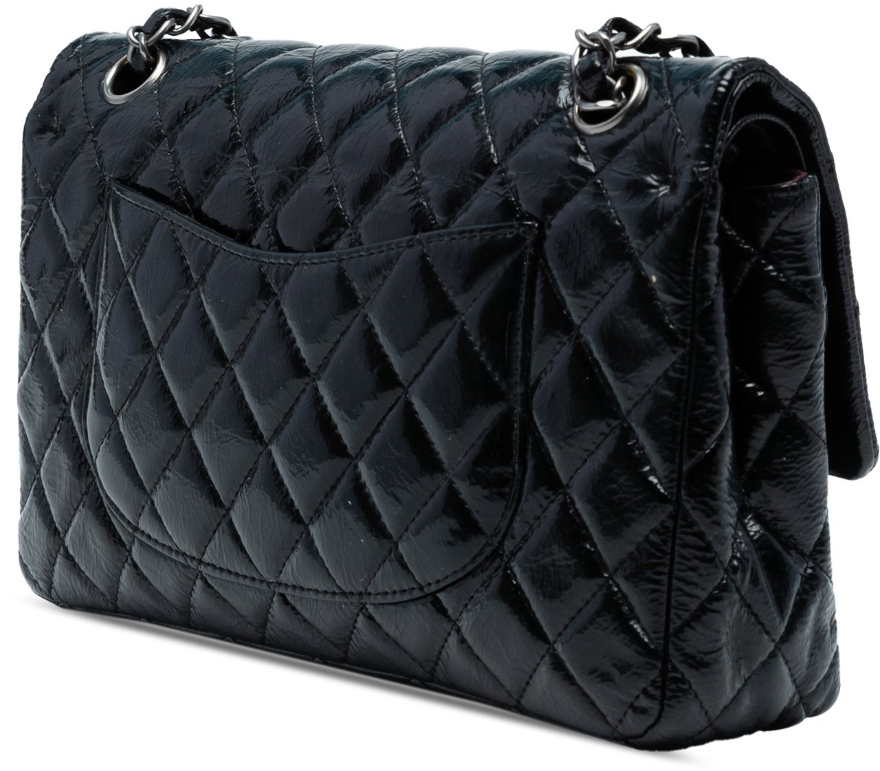 Chanel Medium Classic Crinkled Patent Double Flap Blauw