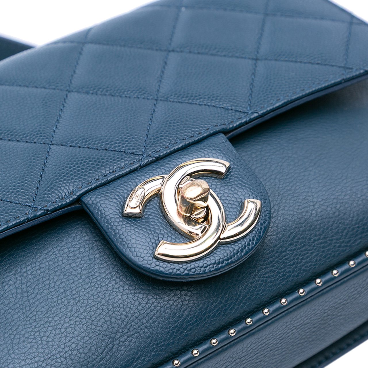 Chanel Small Quilted Caviar Studded Chain Handle Flap Blauw