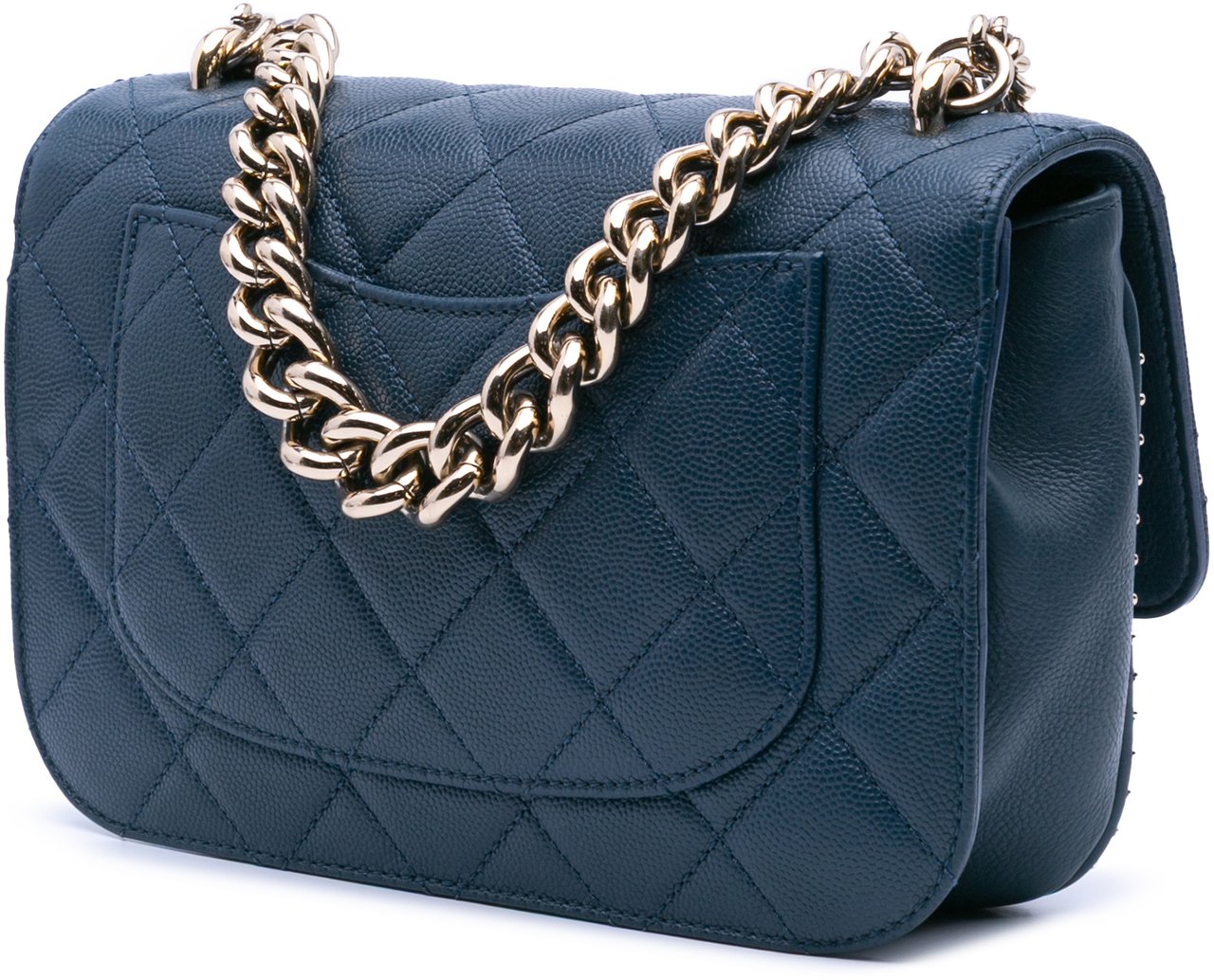 Chanel Small Quilted Caviar Studded Chain Handle Flap Blauw