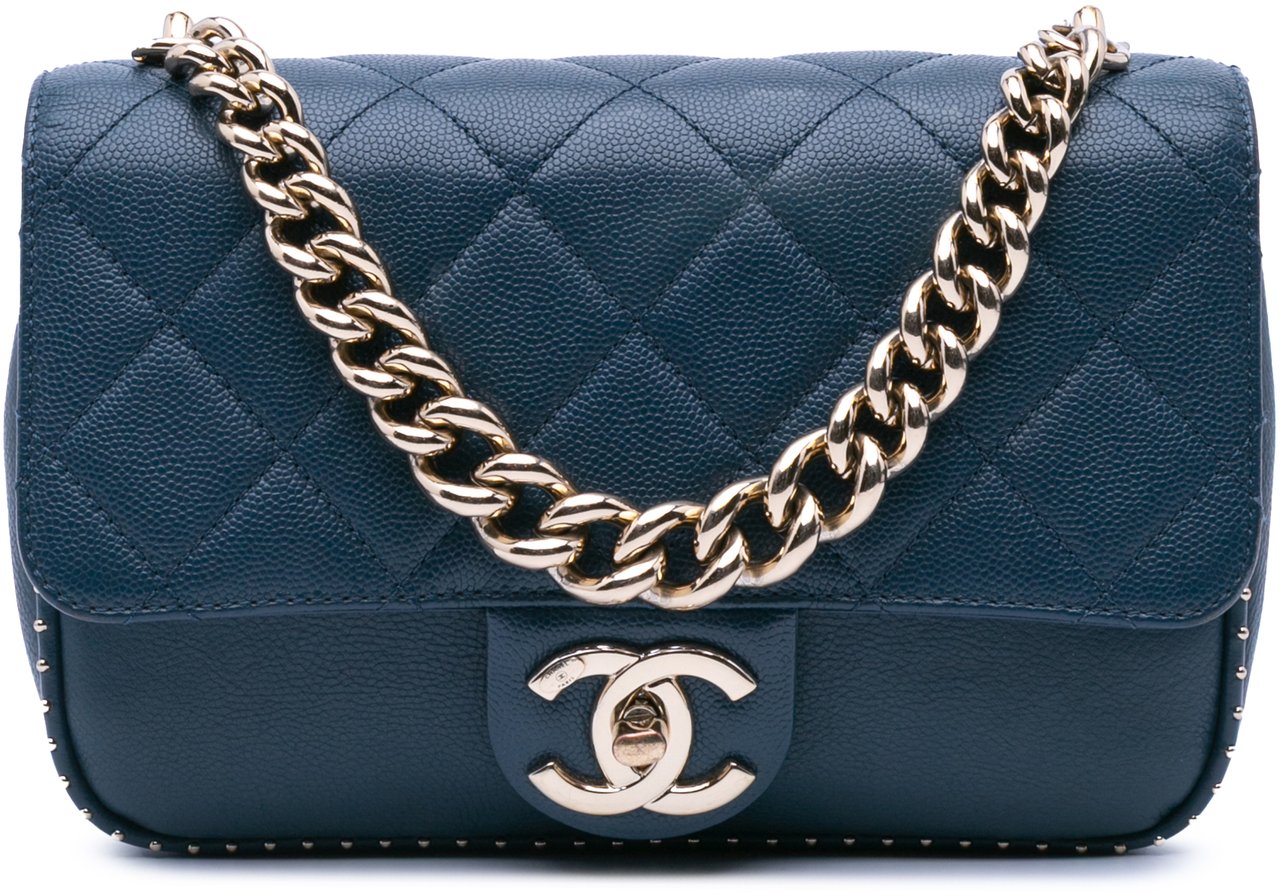 Chanel Small Quilted Caviar Studded Chain Handle Flap Blauw