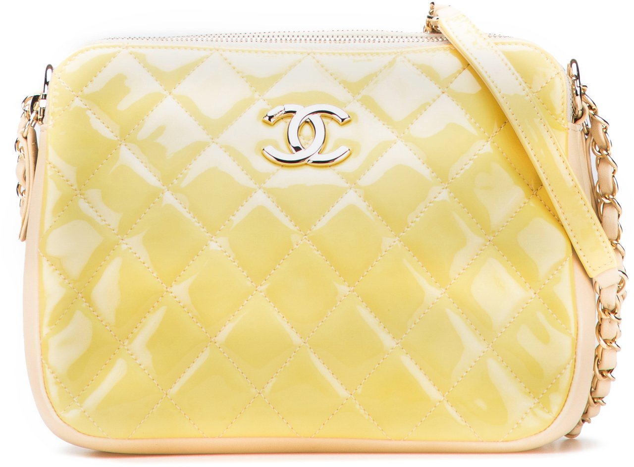 Chanel Quilted Patent Chain Double Zip Crossbody Geel