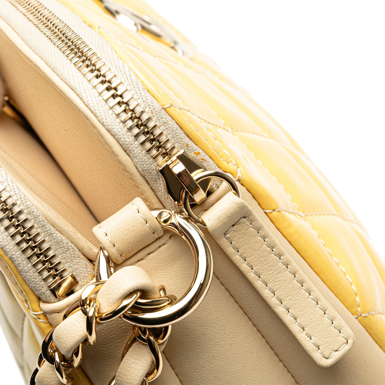 Chanel Quilted Patent Chain Double Zip Crossbody Geel