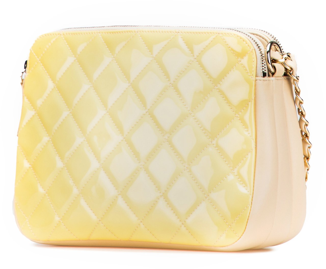 Chanel Quilted Patent Chain Double Zip Crossbody Geel