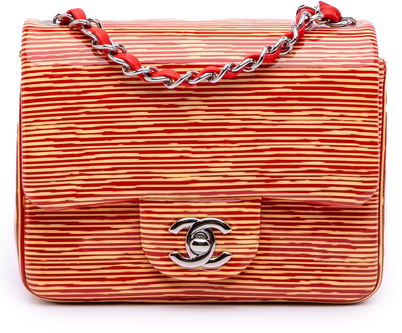 Chanel Mini Square Classic Patent Striped Single Flap Oranje