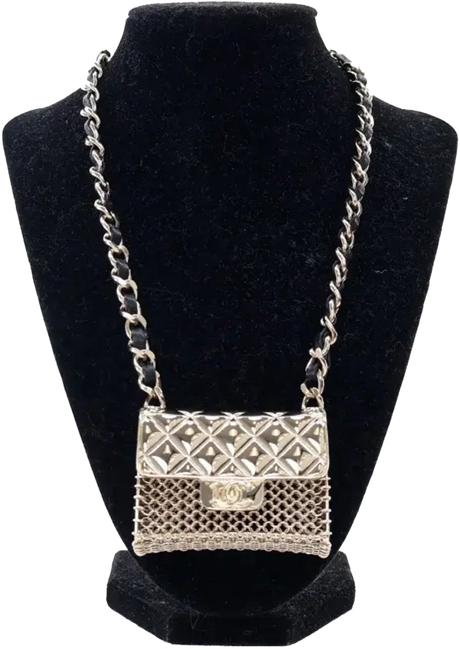 Chanel Gold Plated Lambskin Micro Flap Bag Pendant Necklace Goud