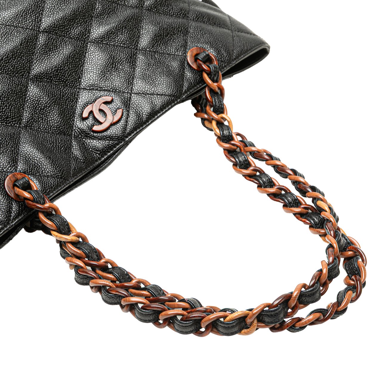 Chanel CC Quilted Caviar Tortoise Chain Tote Zwart