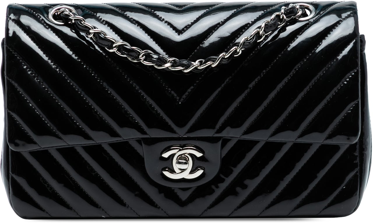 Chanel Medium Classic Chevron Patent Double Flap Blauw