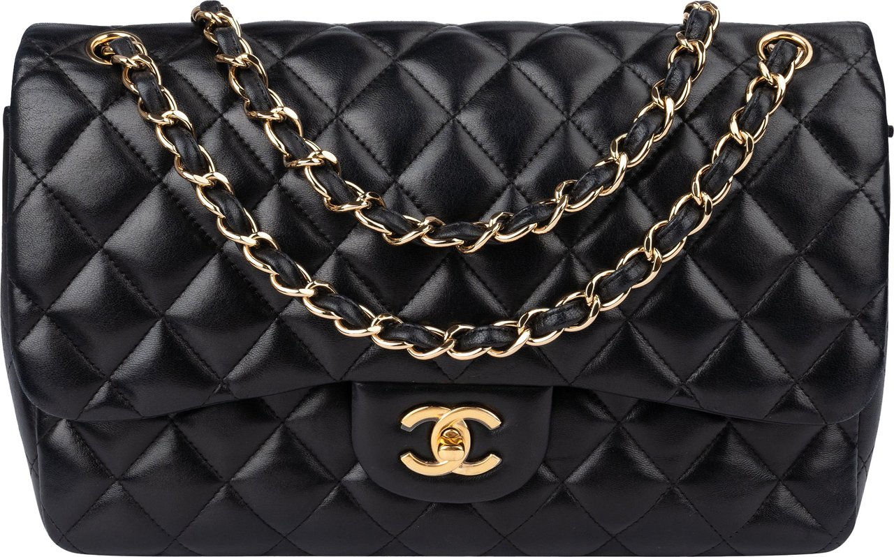 Chanel Chanel Quilted Lambskin 24K Gold Jumbo Double Flap Crossbody Bag Zwart