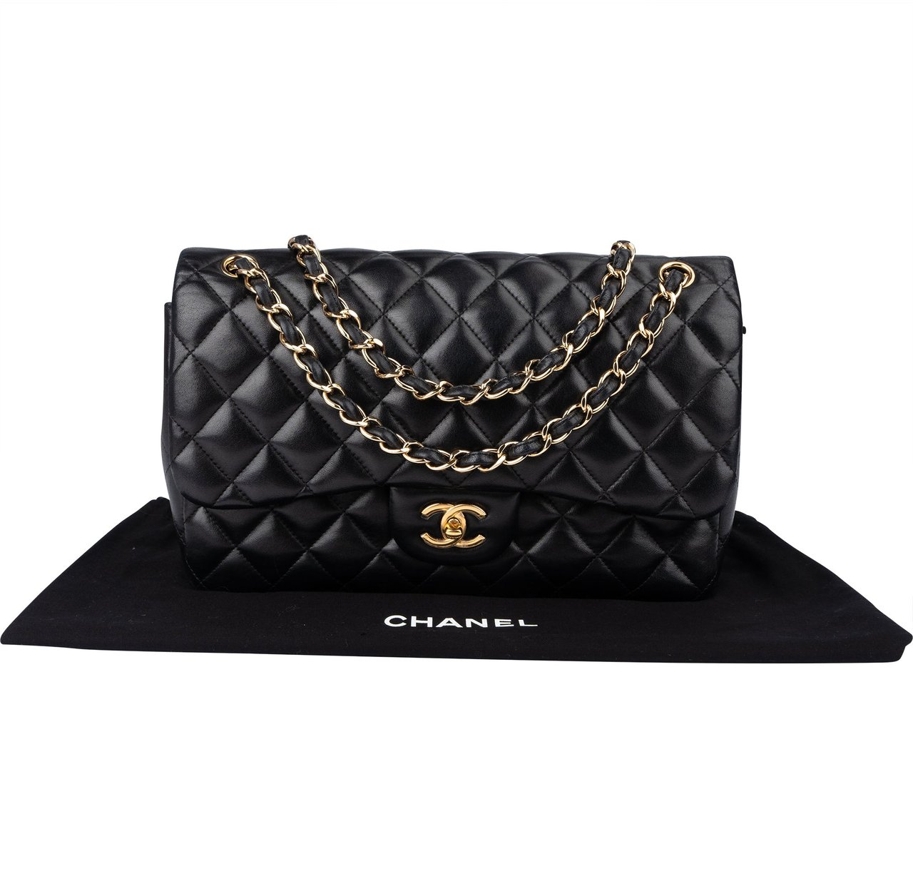 Chanel Chanel Quilted Lambskin 24K Gold Jumbo Double Flap Crossbody Bag Zwart