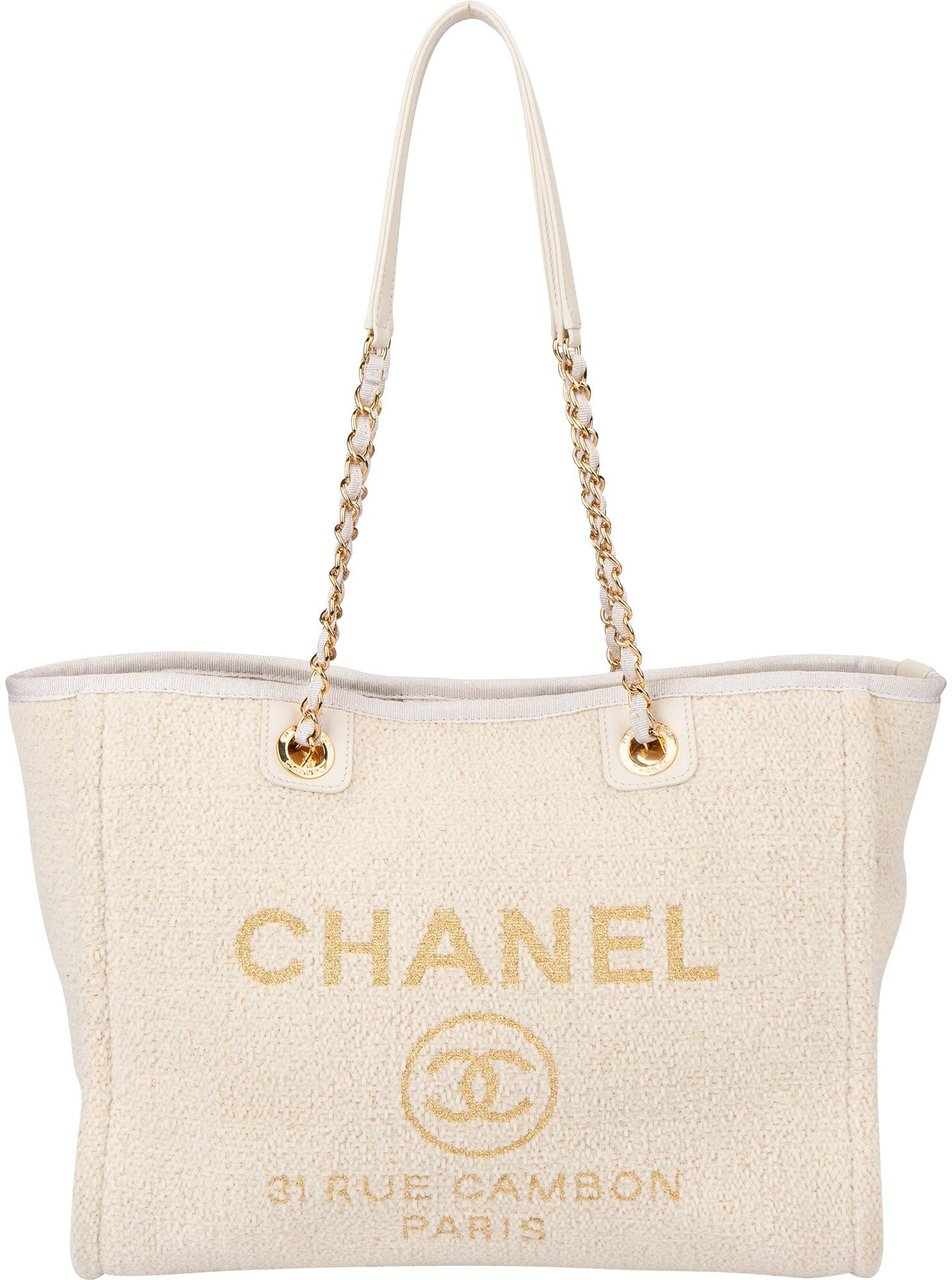 Chanel Chanel White Christmas Gold Tone Glitter Deauville Handbag Beige