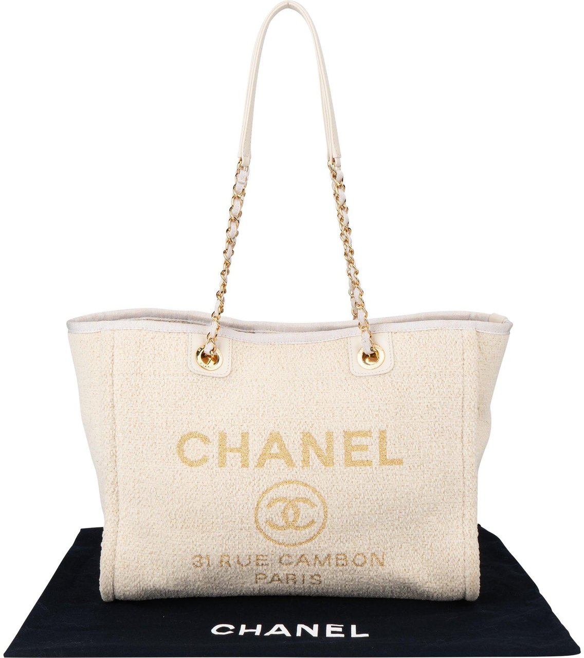 Chanel Chanel White Christmas Gold Tone Glitter Deauville Handbag Beige